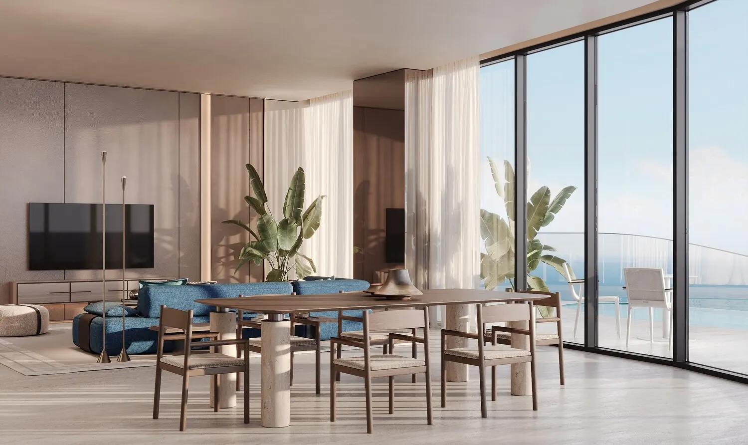 Salón comedor de un apartamento en Gianfranco Ferré Residences con salida a la terraza con piscina privada y vistas al mar
