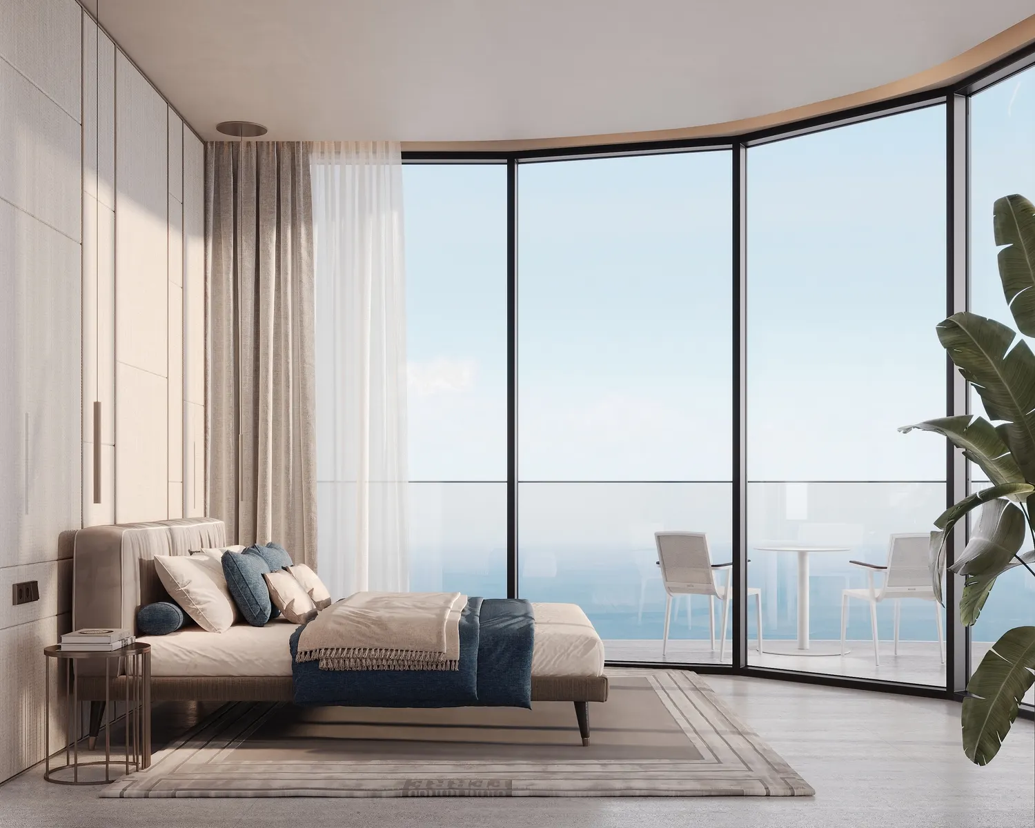 Dormitorio principal de Gianfranco Ferré Residences con ventanales curvos de suelo a techo, salida a terraza y vistas al mar