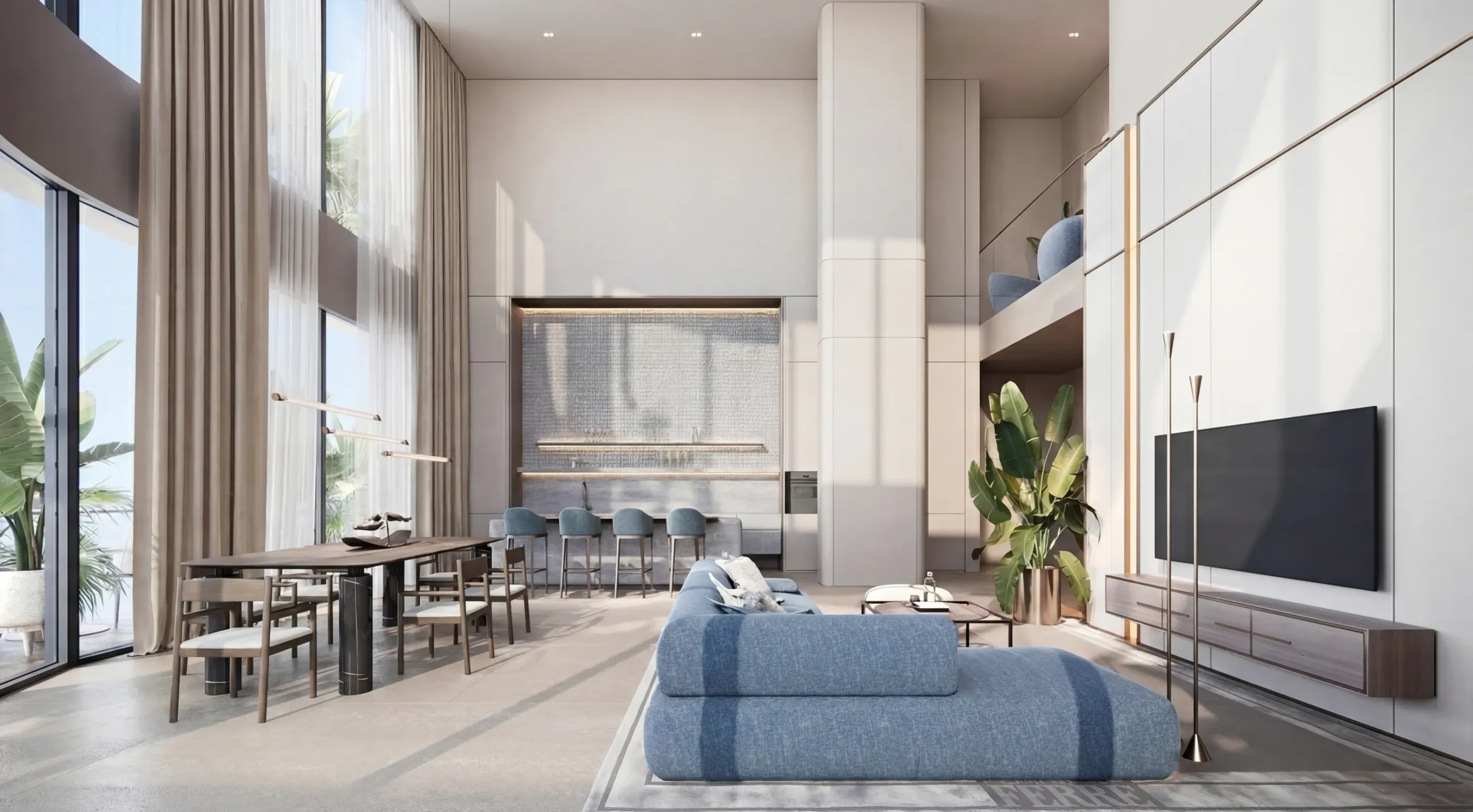 Espacio abierto de salón, cocina con isla y comedor en un dúplex de Gianfranco Ferré Residences, con techos de doble altura