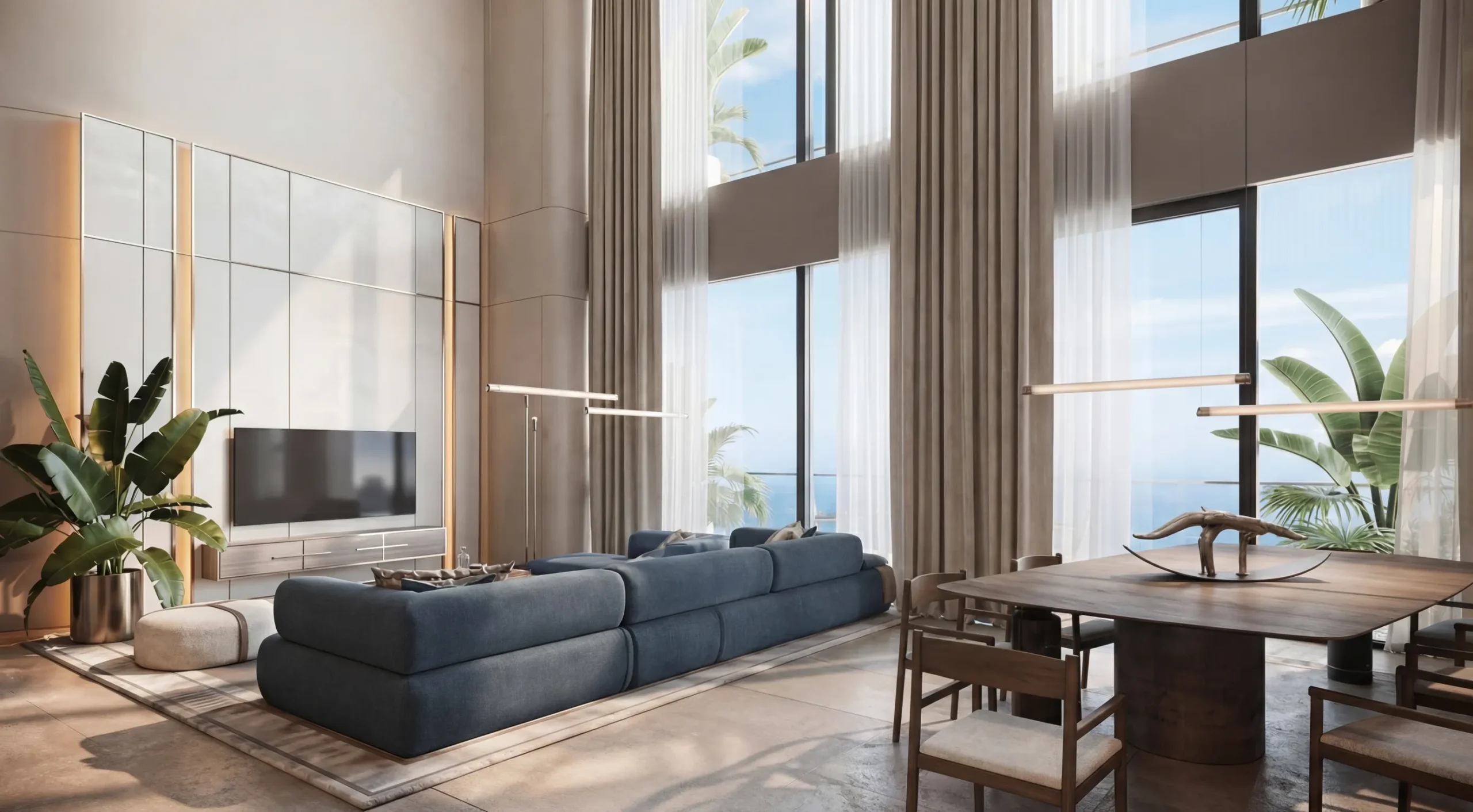 Salón de doble altura de un dúplex en Gianfranco Ferré Residences, con sofá azul, ventanales de suelo a techo y vistas al mar