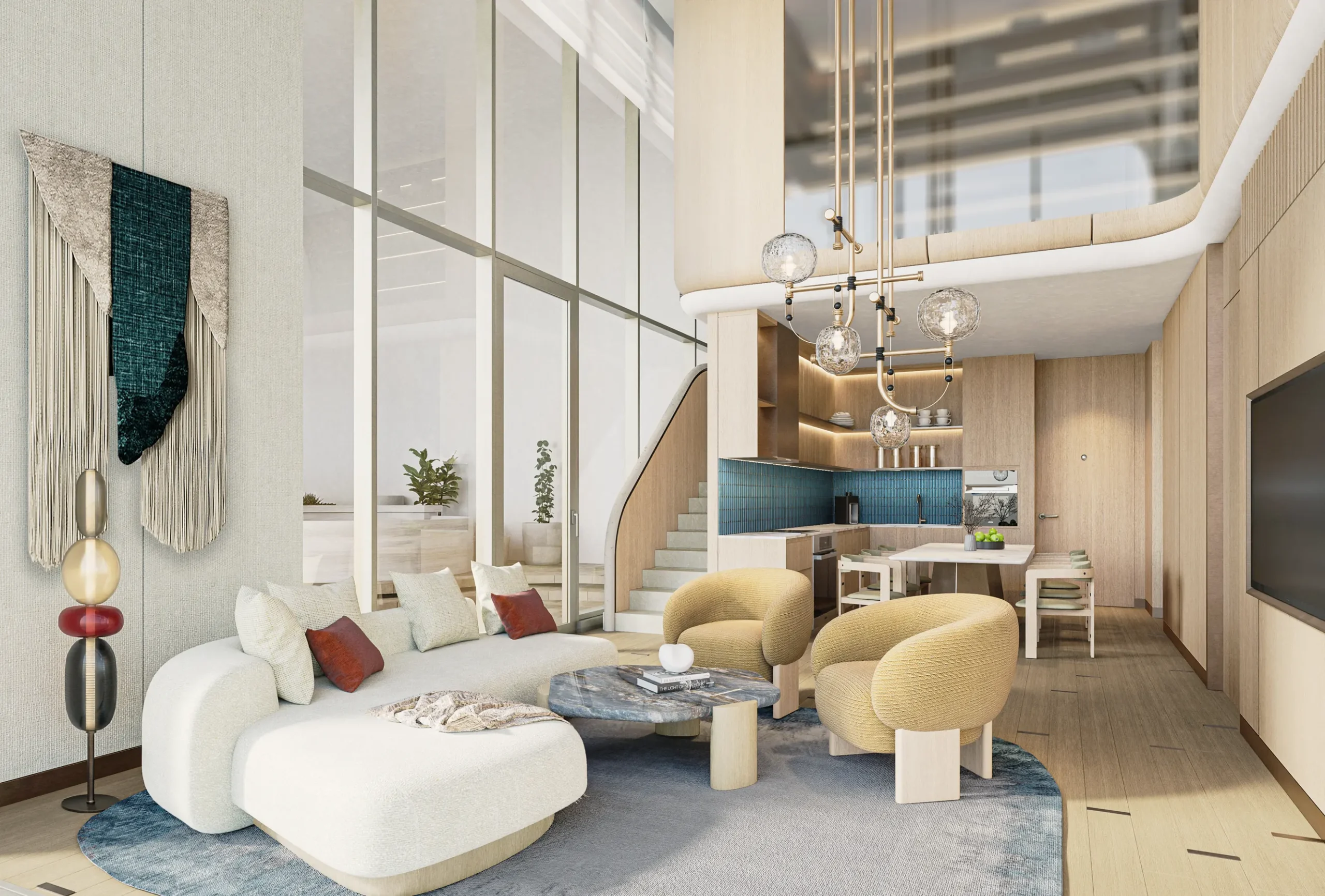 Salón de doble altura del dúplex de 2 dormitorios en W by Marriott Al Marjan Island, con escalera, cocina abierta y comedor