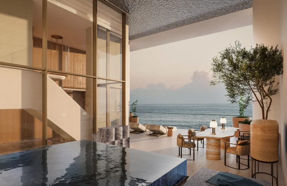 Terraza del dúplex de W by Marriott Al Marjan Island con piscina privada, comedor exterior, olivo y vistas al mar al atardecer