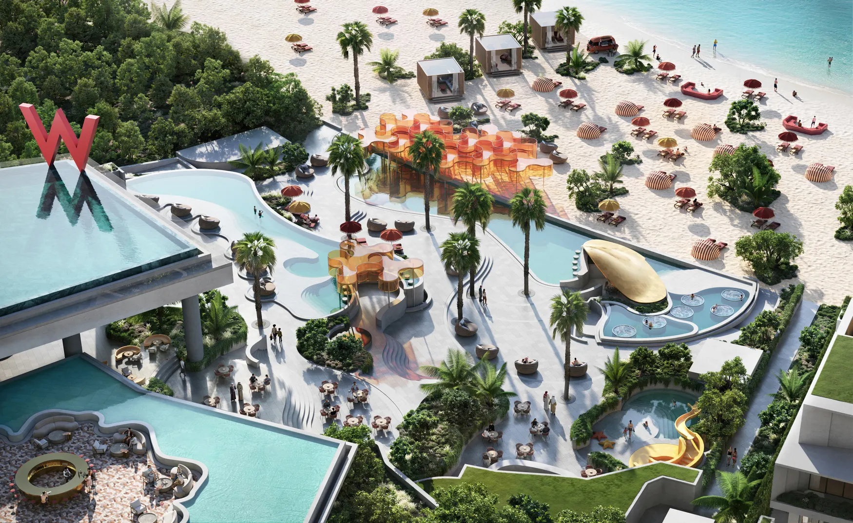 Vista aérea de W by Marriott Al Marjan Island con sus piscinas, zonas de ocio, palmeras y la playa privada de arena blanca